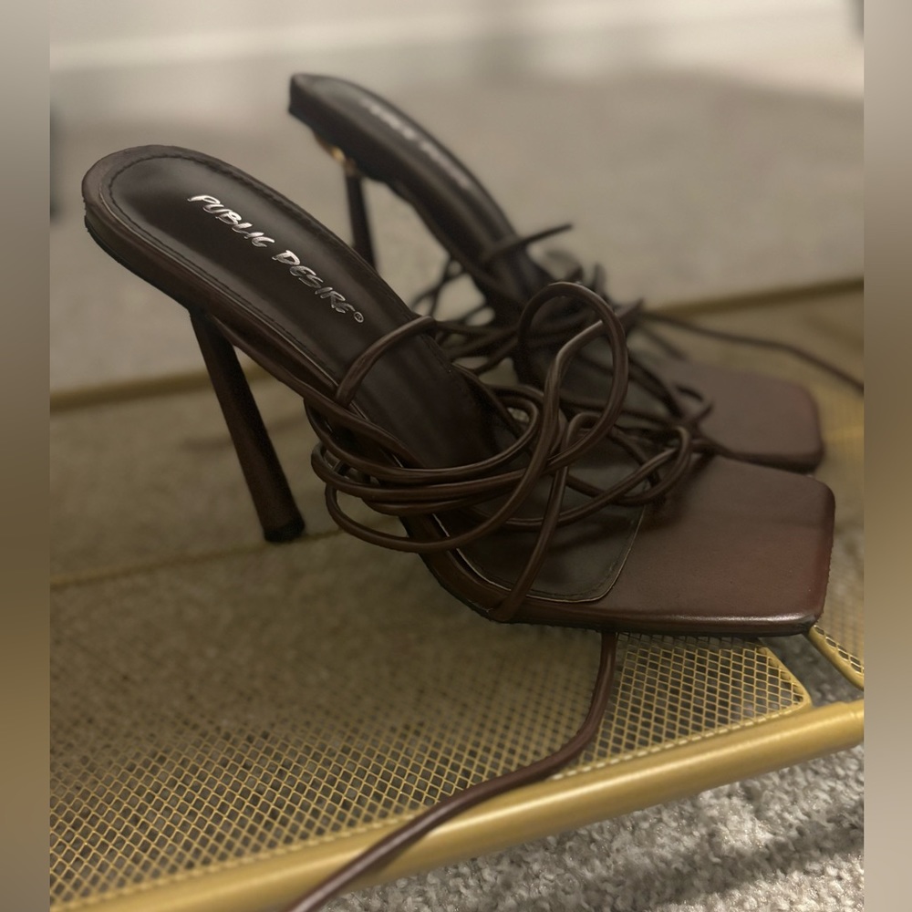 Brown 3 inch strap up heels worn only three times